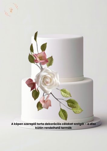 Rózsa–hortenzia kompozíció levelekkel – elegáns cukorvirág tortadísz