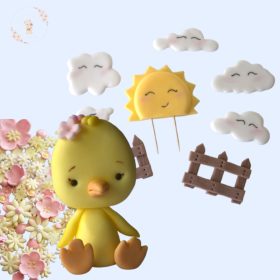   Csibe tortadísz szett napocskával, felhőkkel, kerítéssel és virágokkal- kézzel készült cukorfigurák farm témához