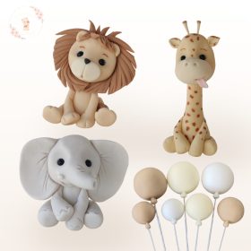 Safari tortadísz szett cukorból – kézzel készült oroszlán, zsiráf, elefánt, majom, víziló és zebra figurákkal, pasztell lufikkal és levelekkel.