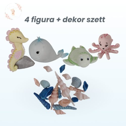 tengeri tortadísz figurák szett részletekkel pasztell színek bálna teknős polip tengeri csikó cukorfigura