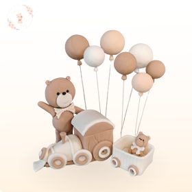 Kézműves bézs vonatos macis cukor tortadísz szett