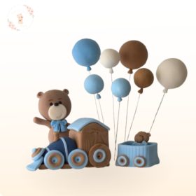 Kézműves kék vonatos macis cukor tortadísz szett