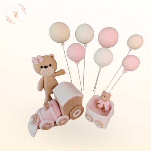 Rózsaszín vonatos maci tortadísz mozdony és kocsi elemekkel